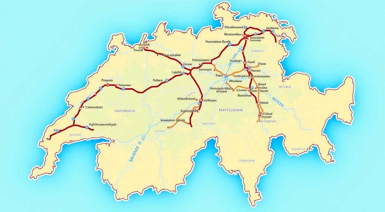 Detailierte Karte der Schweiz mit hervorgehobenen Autobahnen und wichtigen Tunnels
