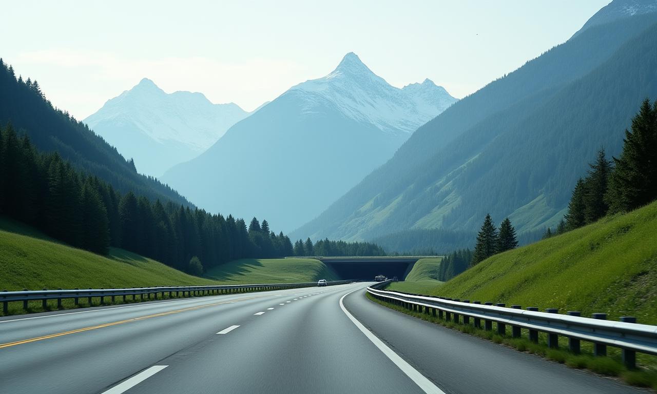 Panorama einer Schweizer Autobahn mit majestätischen Bergen und einem Tunnel im Hintergrund